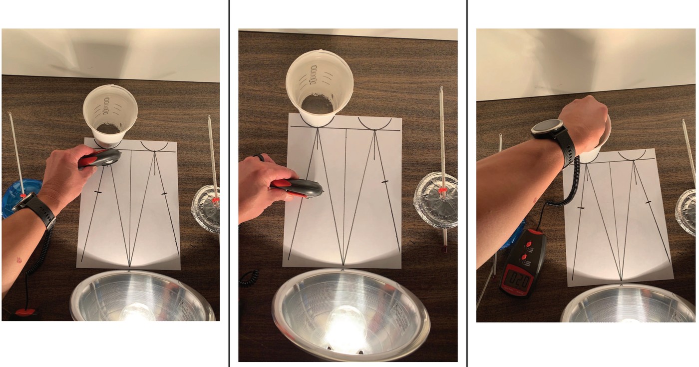 OpenSciEd three labeled setup photographs comparing light-sensor placement for incoming, reflected and transmitted light around a cup; the fixed positions make the comparison meaningful.