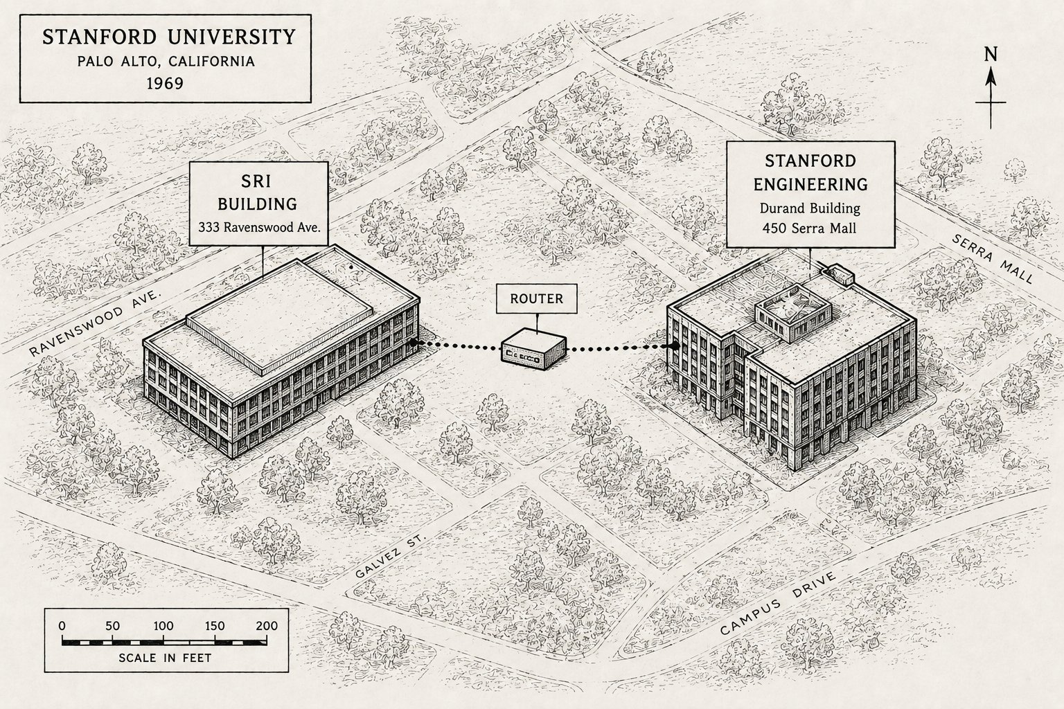 Stanford, 1980. A single router (the first Cisco) connected two buildings across campus.