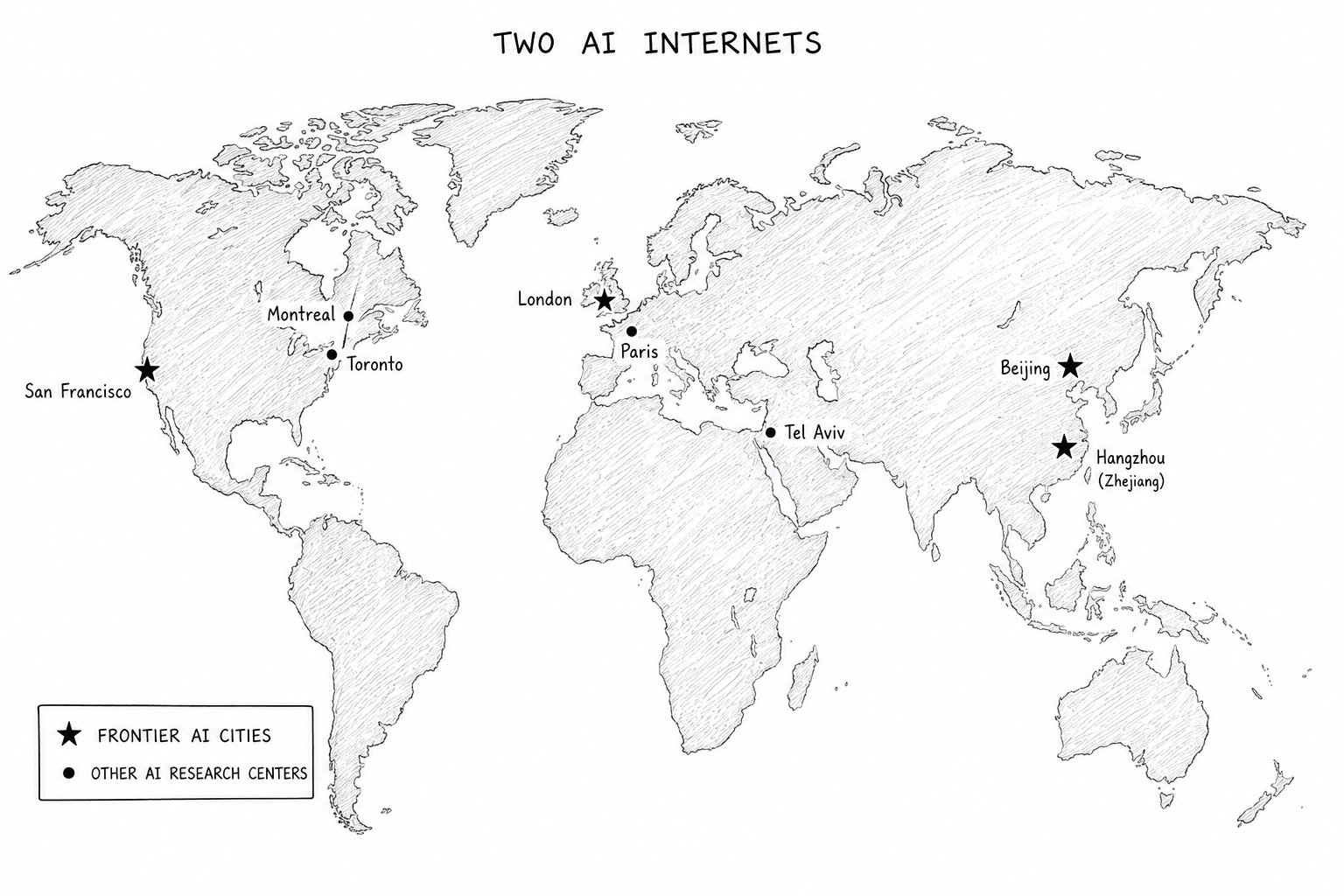 Two AI internets: the cities that lead the frontier, on either side of a widening wall.