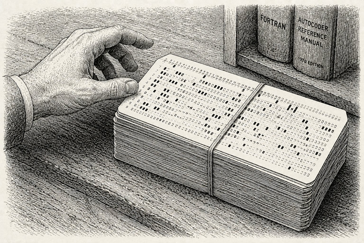A deck of punched cards — the way a person 'talked' to a computer in the 1950s.
