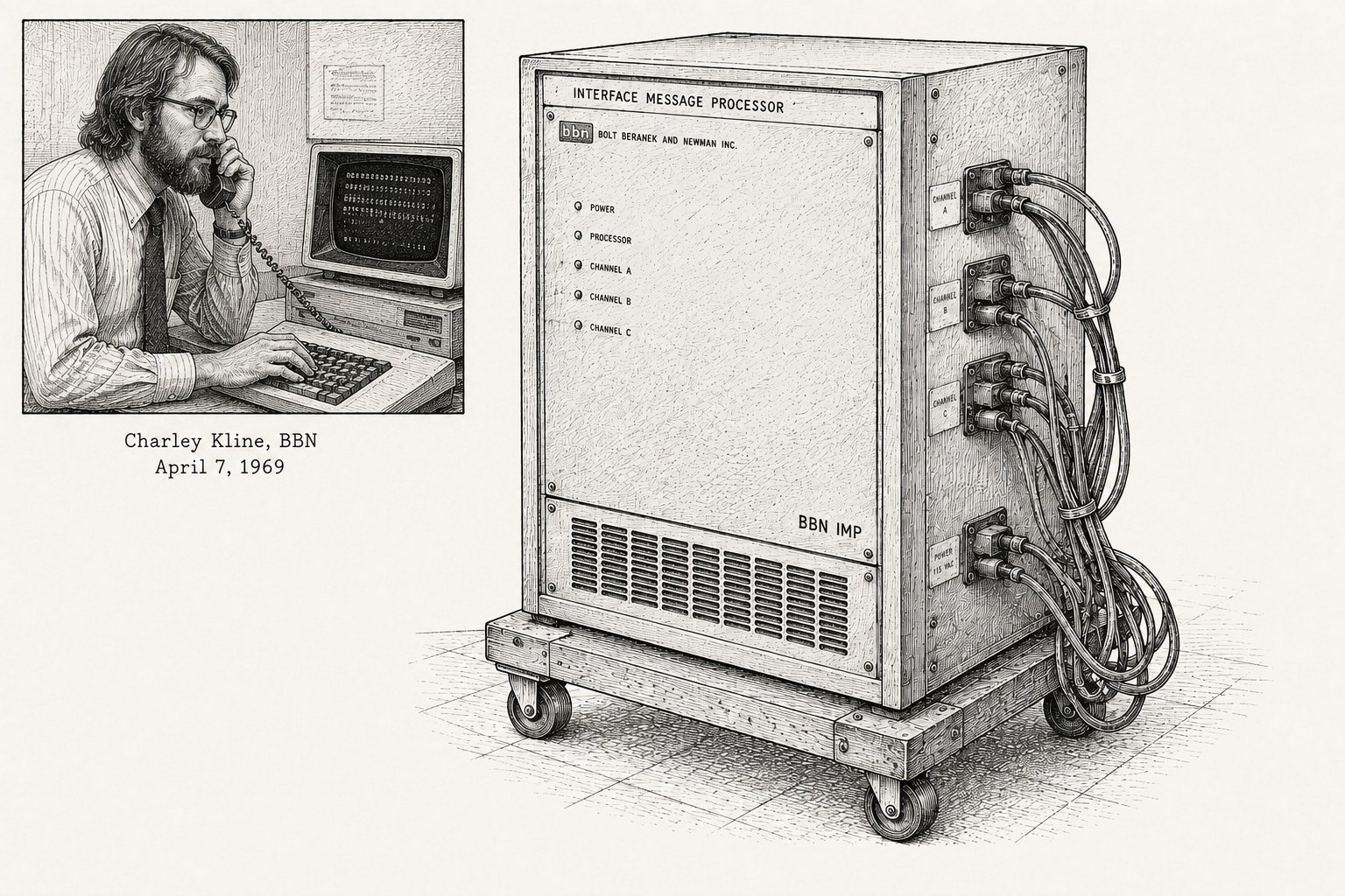 Charley Kline at UCLA, and the BBN Interface Message Processor — the first router.
